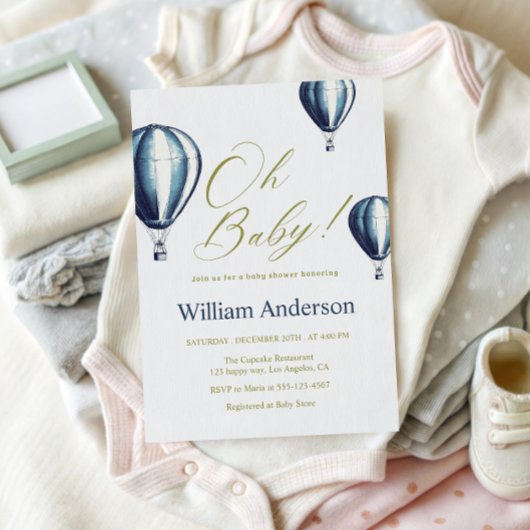 Vintag Blue Hot Air Ballon Babydusche Einladung