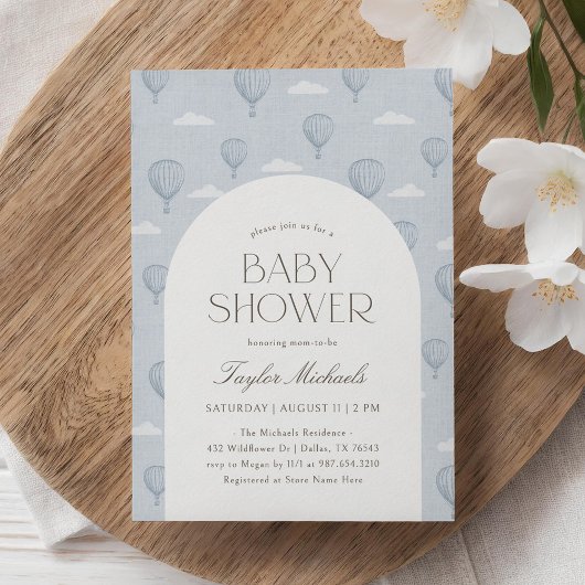 Vintag Blue Hot Air Ballon Babydusche Einladung