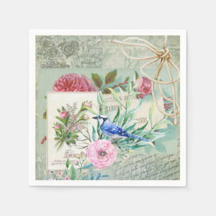 Vintag Blue Jay Bird Rosa Rose Floral Collage Serviette