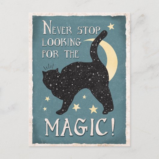 Vintag Blue Magic Black Cat Stars Moon Postkarte (Vorderseite)