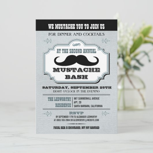 Vintag Blue Mustache Bash Einladung (Stehend Vorderseite)