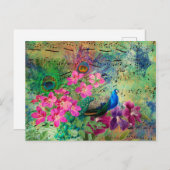 Vintag Blue Peacock Aquamarine Musik Rosa Blume Postkarte (Vorne/Hinten)
