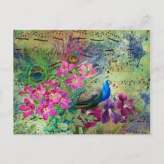 Vintag Blue Peacock Aquamarine Musik Rosa Blume Postkarte (Vorderseite)