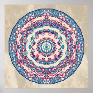 Vintag Blue Red Abstrakt Mandala Art Design Poster