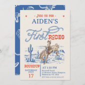 Vintag Blue Red Bronco Rodeo 1. Geburtstag Einladung (Vorne/Hinten)