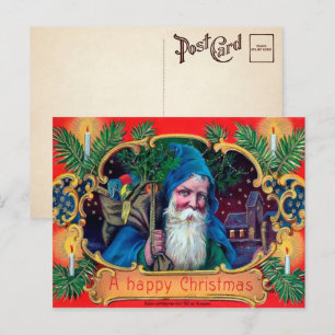 Vintag Blue Robed Santa Postcard Postkarte