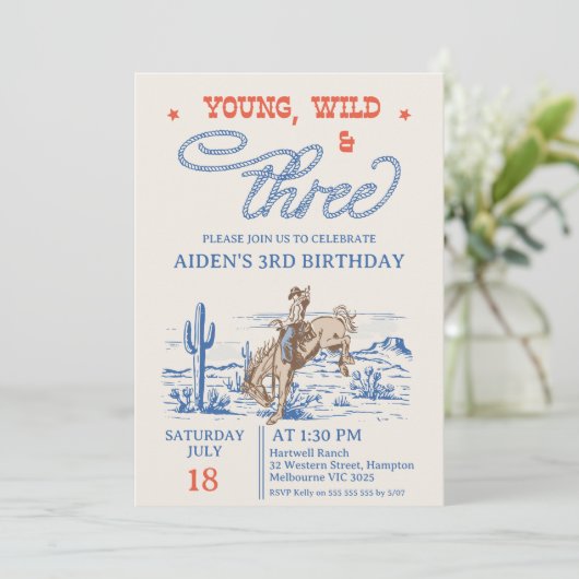 Vintag Blue Rodeo Young Wild 3. Geburtstag Einladung (Stehend Vorderseite)