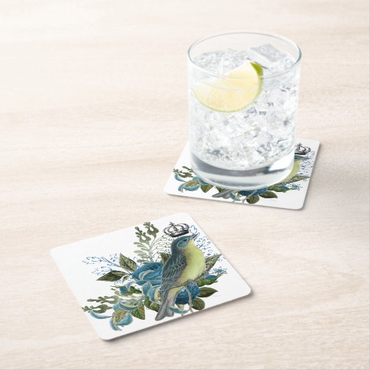 Vintag Blue Rose & Bird Rechteckiger Pappuntersetzer (Vor Ort)