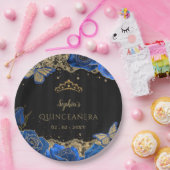 Vintag Blue Rose Black Gold Lace Quinceañera Pappteller (Party)
