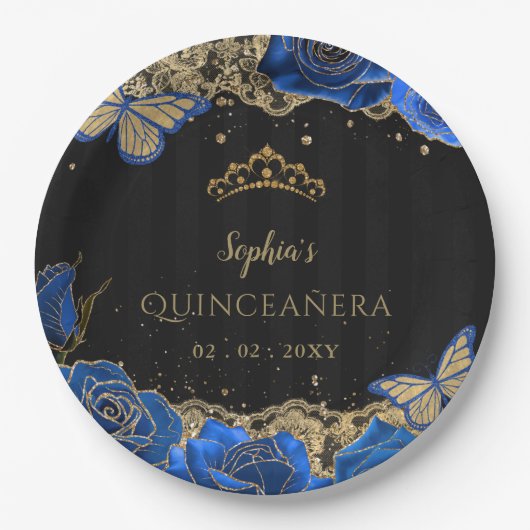 Vintag Blue Rose Black Gold Lace Quinceañera Pappteller (Vorderseite)