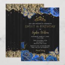 Vintag Blue Rose Black Gold Lace Sweet 16