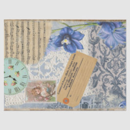 Vintag Blue Shabby Floral Lace Music Clock Seidenpapier