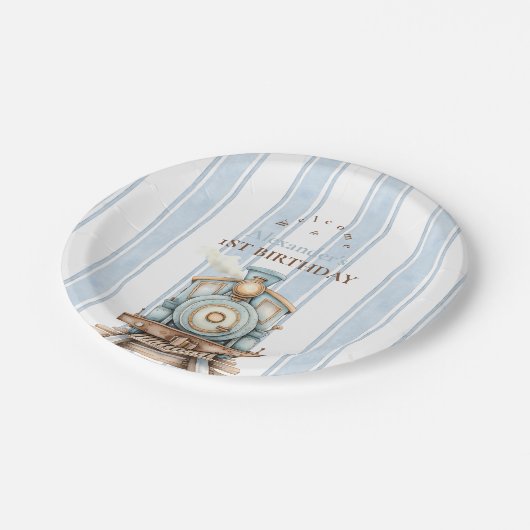 Vintag Blue Train 1. Geburtstag Pappteller (Schrägansicht)