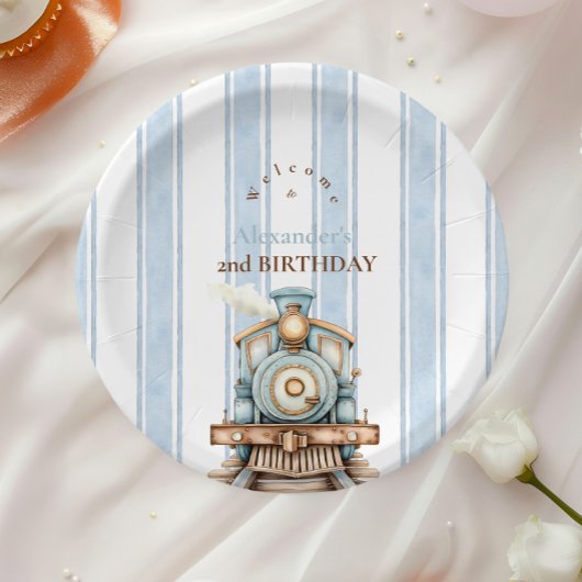 Vintag Blue Train 2. Geburtstag Pappteller