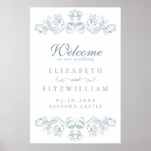 Vintag Blue Verziert Frame Wedding Willkommen Poster