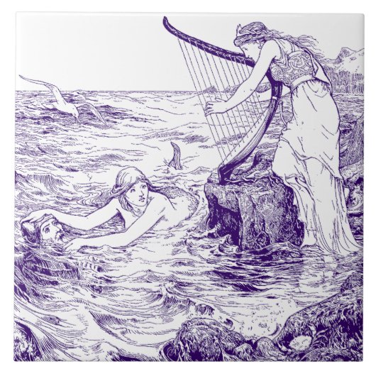 Vintag Blue & White Celtic Harp & Mermaid Fliese (Vorderseite)