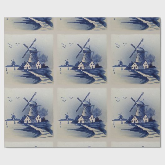 Vintag Blue White Delft Windmill Geschenkpapier (Flach)