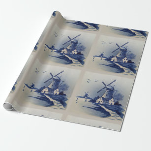 Vintag Blue White Delft Windmill Geschenkpapier