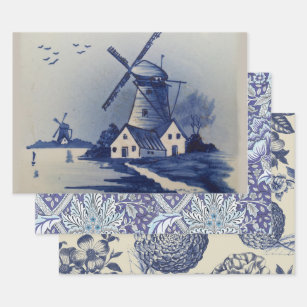 Vintag Blue White Delft Windmill Geschenkpapier Set