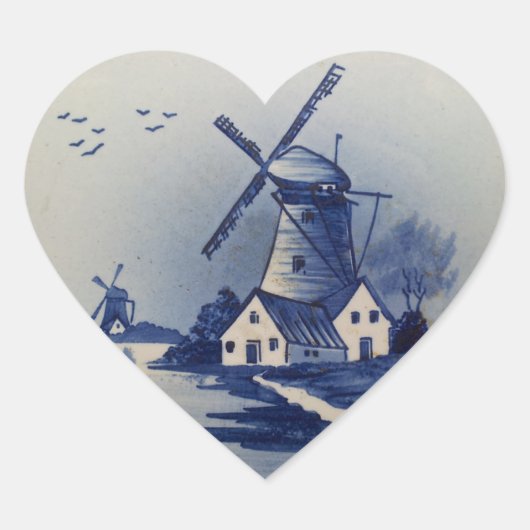 Vintag Blue White Delft Windmill Herz-Aufkleber (Vorderseite)