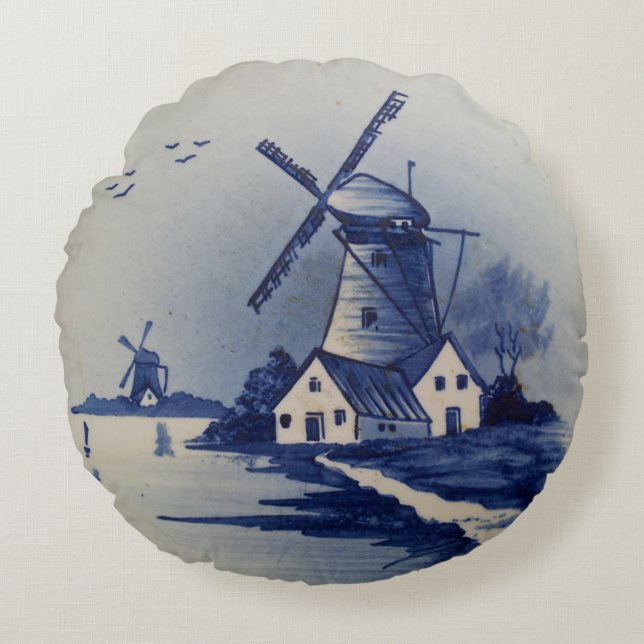 Vintag Blue White Delft Windmill Rundes Kissen (Vorderseite)