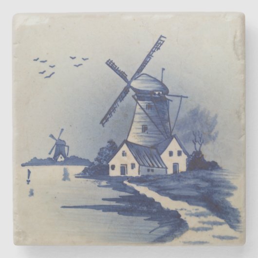 Vintag Blue White Delft Windmill Steinuntersetzer (Vorderseite)