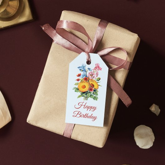 Vintag Blue Wildblume Bouquet Happy Birthday Geschenkanhänger