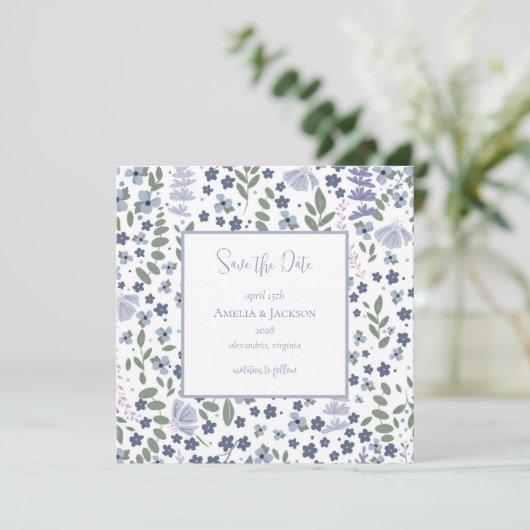 Vintag Blue Wildblume Save the Date (Stehend Vorderseite)