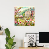 Vintag blühende Blumengarten Villa Aquarell Poster (Heimbüro)