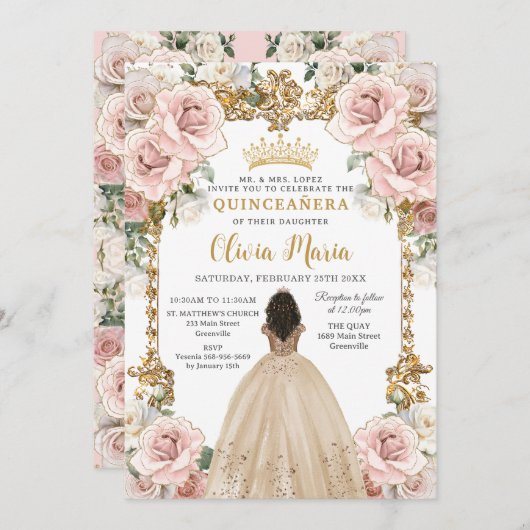 Vintag Blush Champagne Blumenkleid Quinceanera Einladung (Vorne/Hinten)