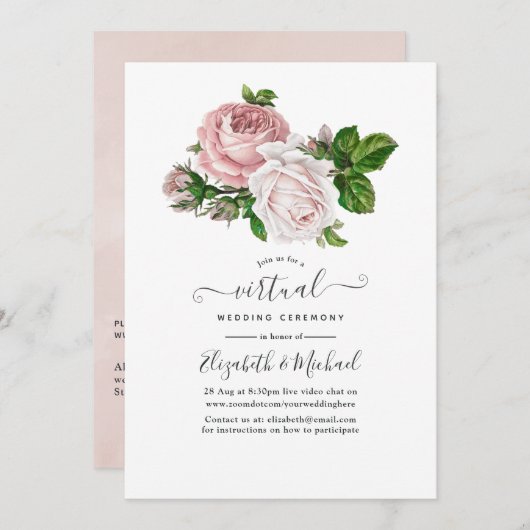 Vintag Blush Pink Blues Online Virtual Wedding Einladung (Vorne/Hinten)