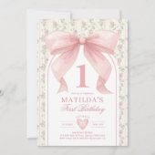 Vintag Blush Pink Bow Coquette 1. Geburtstag Einladung (Vorderseite)