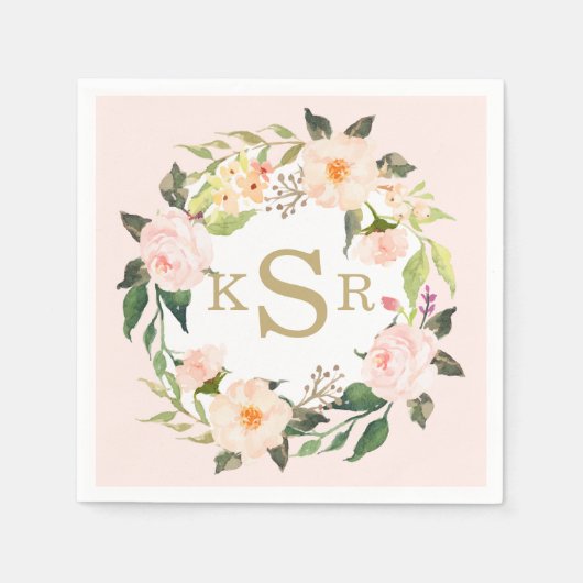 Vintag Blush Pink Roses Blumenregen Mit Monogramm Serviette (Vorderseite)