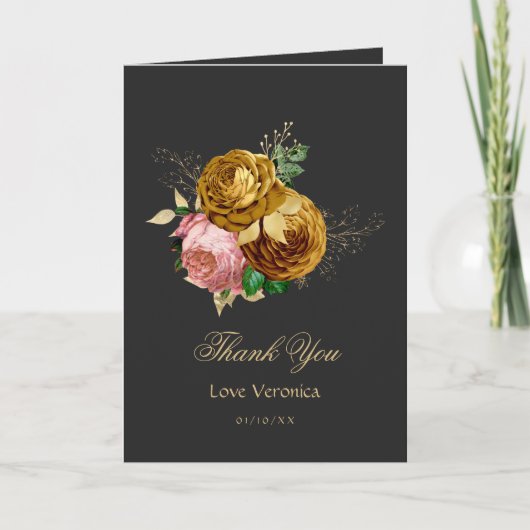 Vintag Blush Pink und Gold Quinceñera Dankeskarte (Vorderseite)