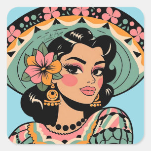 Vintag Bonita Fiesta Mujer Mariachi Quadratischer Aufkleber