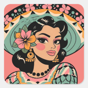 Vintag Bonita Fiesta Mujer Mariachi Quadratischer Aufkleber