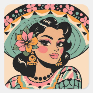 Vintag Bonita Fiesta Mujer Mariachi Quadratischer Aufkleber