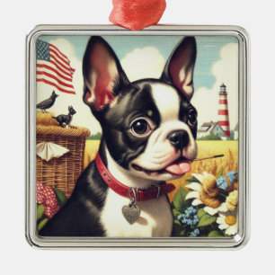 Vintag Boston Terrier Illustration Ornament Aus Metall