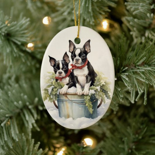 Vintag Boston Terrier Weihnachten Keramik Ornament (Baum)