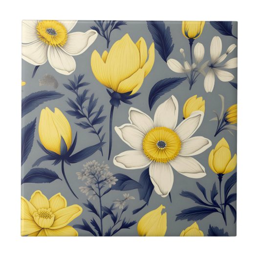 Vintag Botanisch mit gelber Blume auf Grau Fliese (Vorderseite)