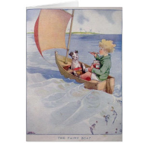 Vintag - Boy & Hund in einem Segelboot,