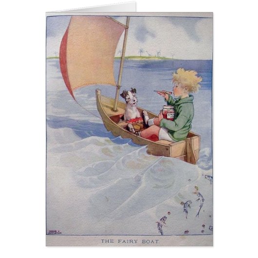 Vintag - Boy & Hund in einem Segelboot, (Vorne)
