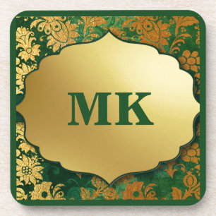 Vintag Brocade Green & Gold Leaf Mit Monogramm Getränkeuntersetzer