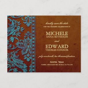 Vintag Brown & Blue Damask Lace Save the Date