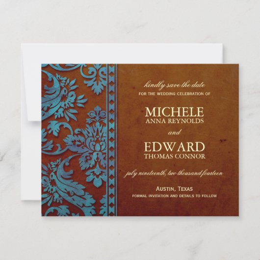 Vintag Brown & Blue Damask Lace Save the Date (Vorderseite)