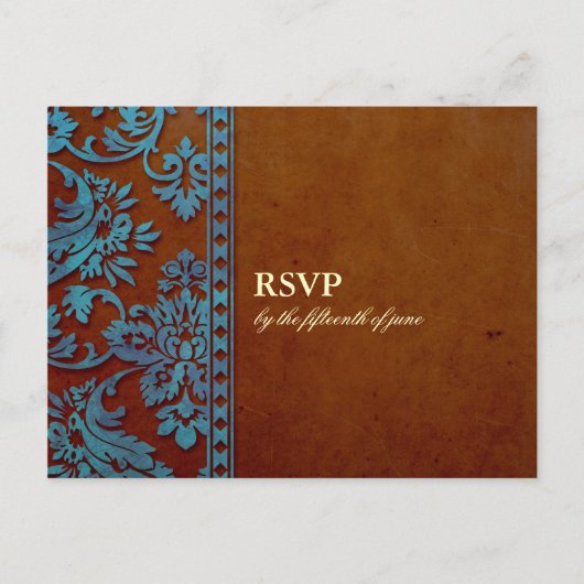 Vintag Brown & Blue Damask Lace Wedding RSVP Einladungspostkarte (Vorderseite)
