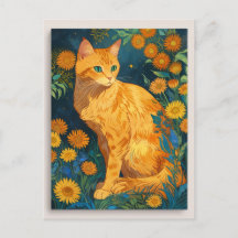 Vintag Brown Cat Botanical Blue Portrait Van Gogh