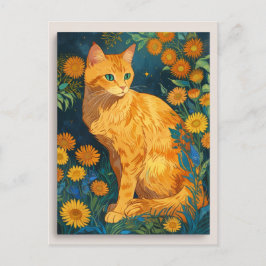 Vintag Brown Cat Botanical Blue Portrait Van Gogh Postkarte