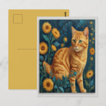 Vintag Brown Cat Botanical Blue Portrait Van Gogh
