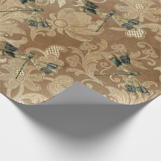 Vintag Brown Damask Blumengrün-Libellen Geschenkpapier (Ecke)